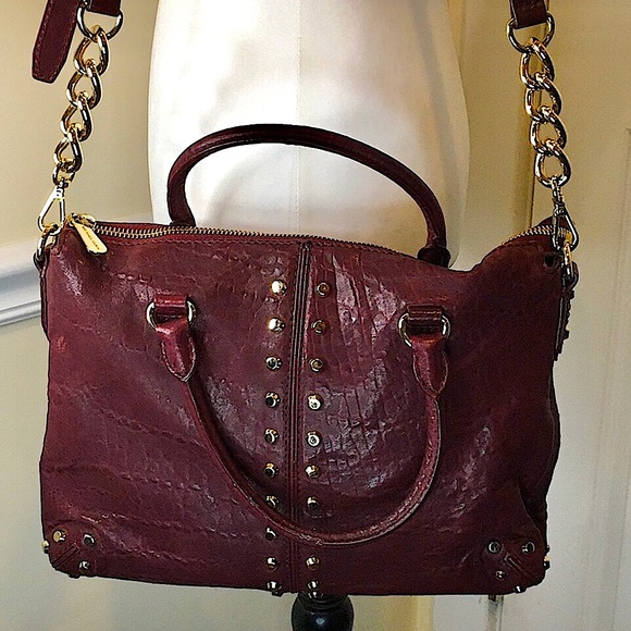 MICHAEL KORS Wine Red Leather Hardware Studded Briefcase Crossbody Shoulder Bag - Picture 5 of 14